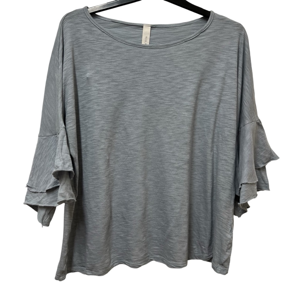 Ollie & Chloe Gray Slub Ruffle Sleeves Top Size Large